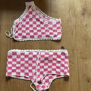 Frankie's Bikinis Pink Checkered Crochet Short Set